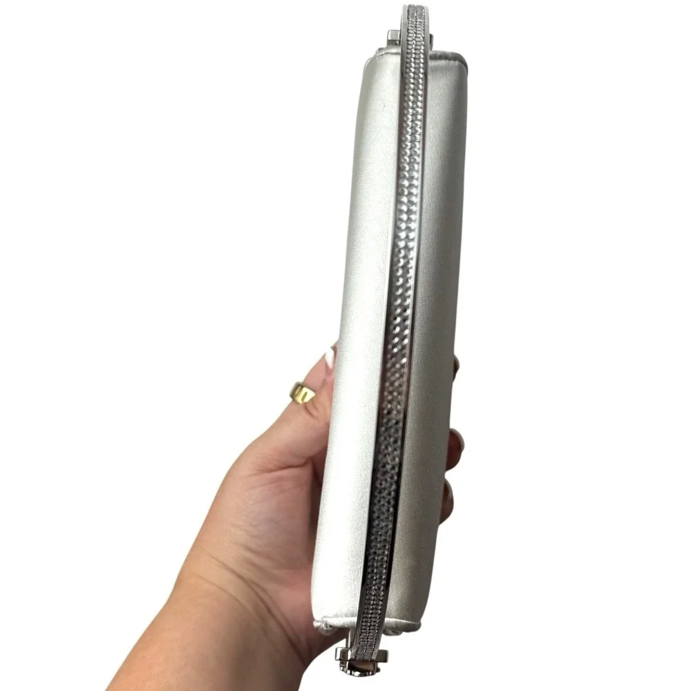 Vintage Judith Leiber‎ Silver Soft Boom Clutch Crystal Handle Evening Event